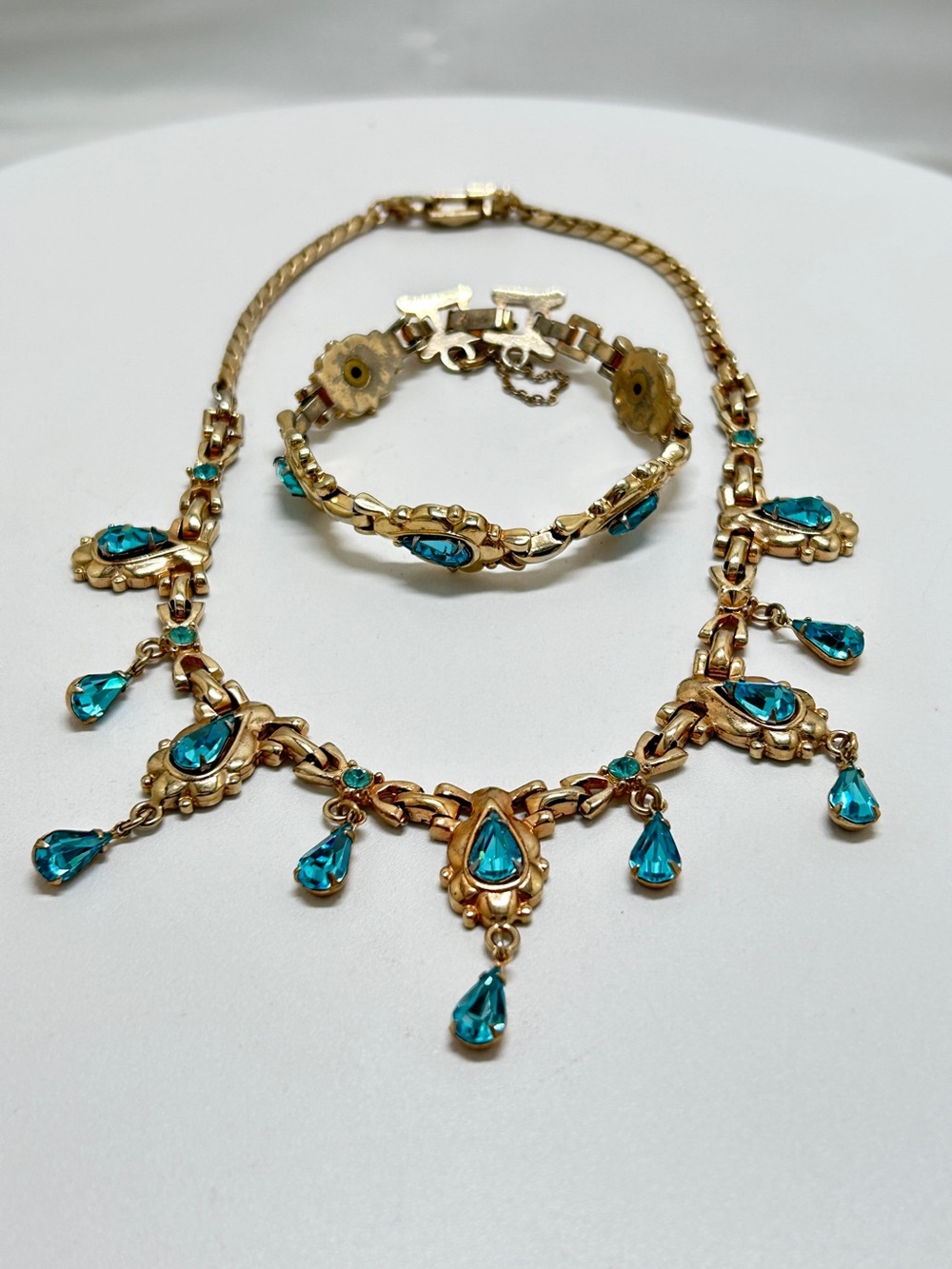 Barclays, Mid Century, 50’s, Gold, Aqua Rhinestones Necklace, Bracelet Set, Rare